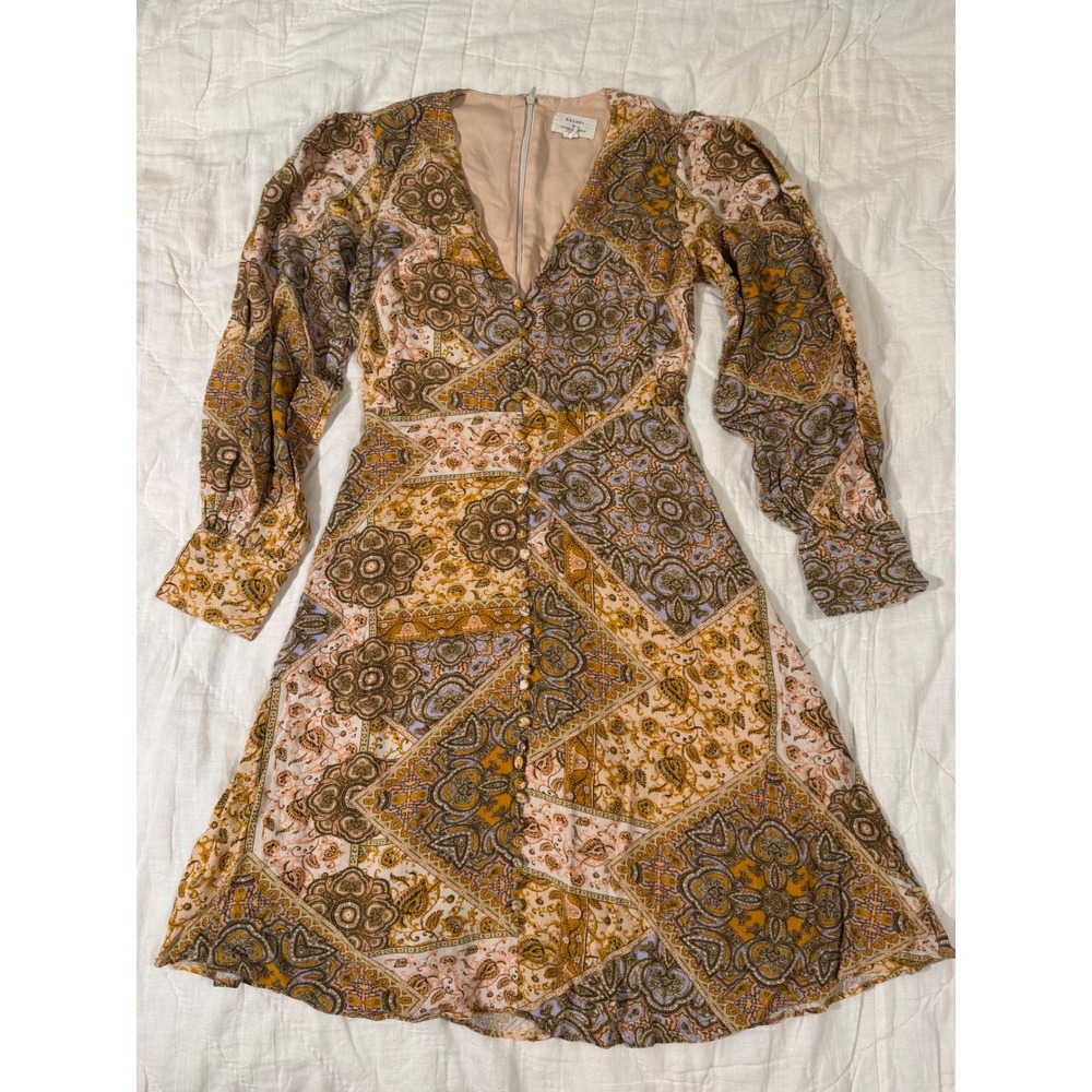 Kachel x Anthropologie Paisley Patchwork V-Neck Mini Dress Orange Brown Size 2